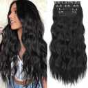KooKaStyle Clip in Synthetic Hair Extensions Long Wavy 4PCS Thick Hairpieces Black Fiber Double Weft Natural Hair Extensions 24 Inch for Women