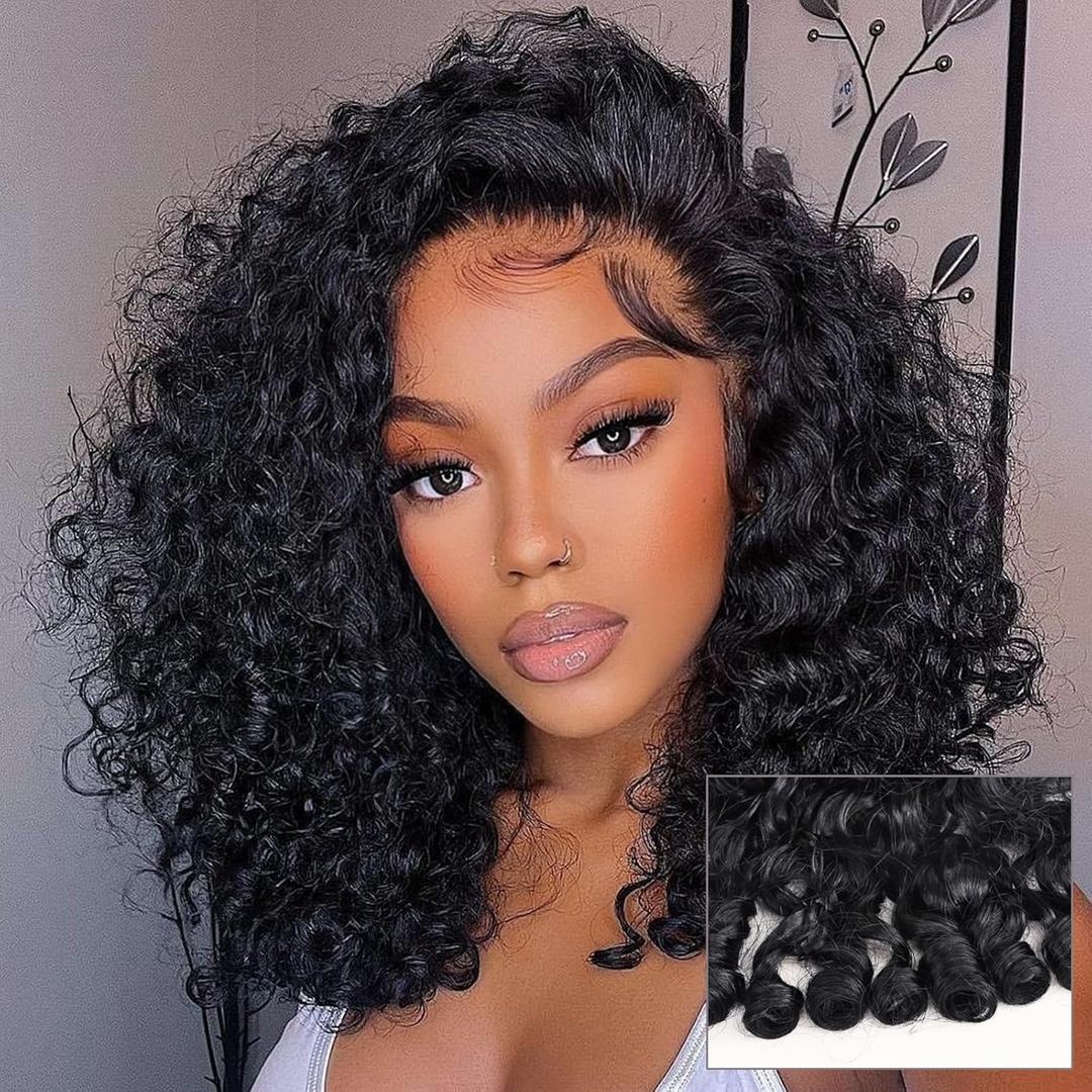 ijoy Burmese Curly Human Hair Wig with Spiral Curls End, 13x4 Lace Front Bob Wigs Tiny Body Wave 180 Density Pre Plucked Brazilian Tiny Knots 14 Inch Lace Frontal Wig Black Blend Curly