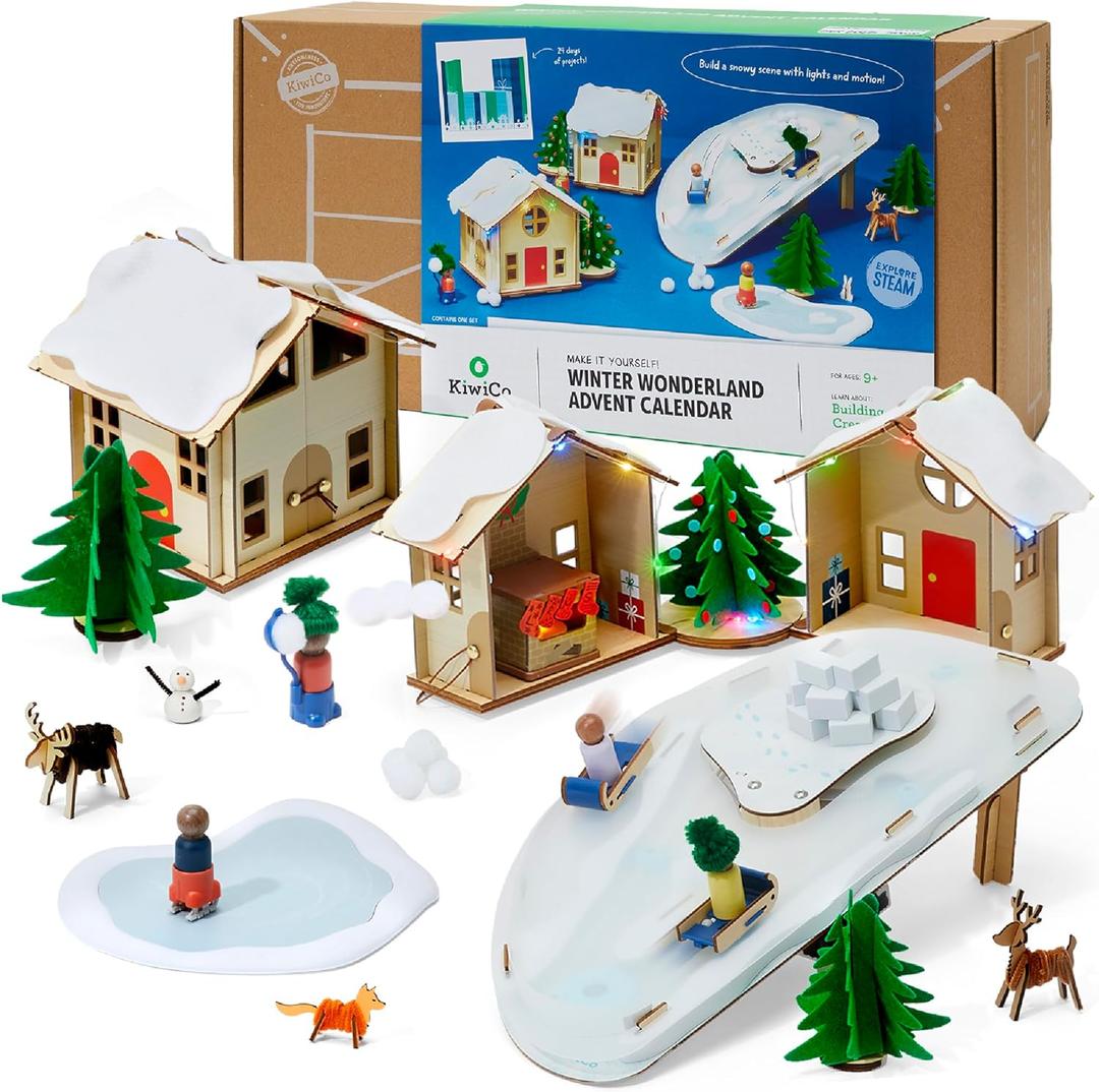 KiwiCo Winter Wonderland - 2025 Advent Calendar for Kids | Christmas Activities For Kids | Assemble Winter Village with Motorized Sledding Hill, Ice Skating Rink, Reindeer, Christmas Trees & more!