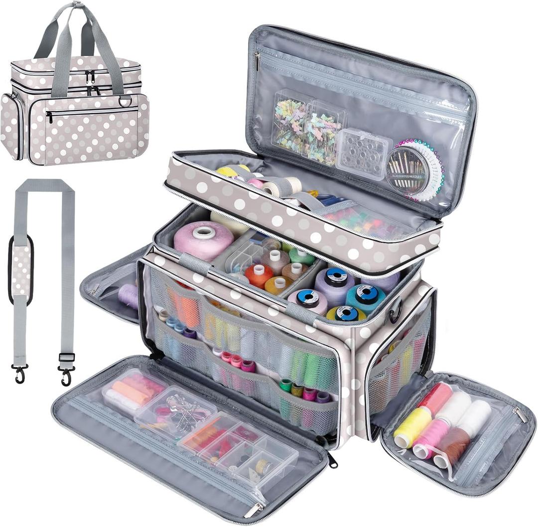 Anitor Large Sewing Supplies Organizer, Double Layer Sewing Storage Organizer with Two Detachable Dividers, Travel Sewing Bag Organizer with Shoulder Strap for Accessories, Round Dot, (Bag Only)