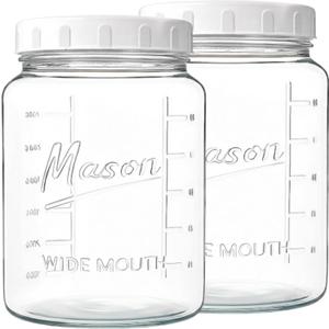 kitchentoolz Extra Large Mason Jar - 1 Gallon Glass Wide Mouth Jar with Airtight Plastic Screw on Lid, Food Storage Container with Measurement Marks Pack of 2