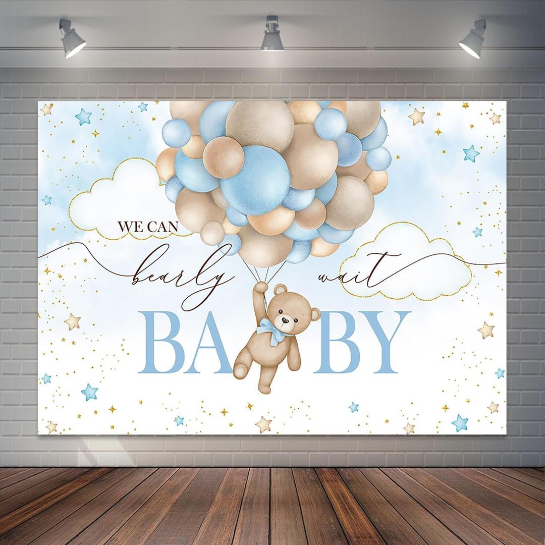 7x5ft Blue Bear Hot Air Balloon Backdrop Watercolor Balloons Bear Baby Shower Party Decorations for Boy We Can Bearly Wait Baby Shower Cake Table Banner Photo Studio Props