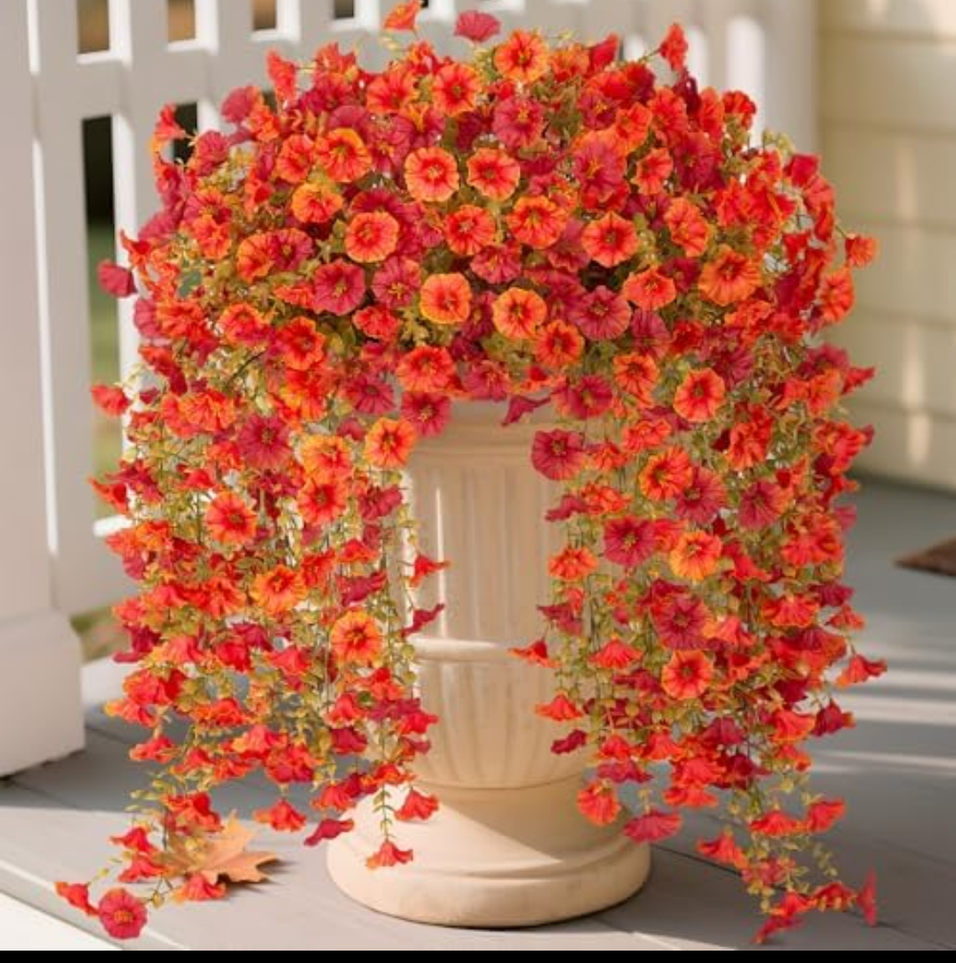 Pack Of 3 Hrobek Artificial Fall Hanging Flowers for Decoration, 2pcs Long Vine Fake Flowers Plants Morning Glory, Realistic Faux Petunias for Planter Patio Porch Garden Autumn Outdoors Dec, Orange Red