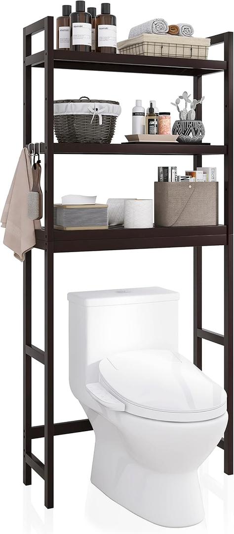 SMIBUY Bathroom Storage Shelf, Bamboo Over-The-Toilet Organizer Rack, Freestanding Toilet Space Saver with 3-Tier Adjustable Shelves (Dark Brown), 10.2D x 24.8W x 67H in
