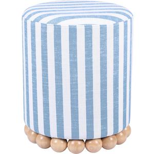 Tov Furniture Dex Pastel Blue Striped Linen Round Ottoman with Wooden Base