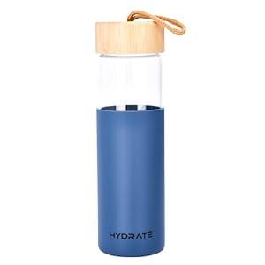 HYDRATE Bottles Glass Water Bottles with Bamboo Lid 20oz - Clear Refillable Bottle with Green Silicone Sleeve - Leak-Proof Lid - Borosilicate Water Bottle - Ideal for Drinking Water, Juice