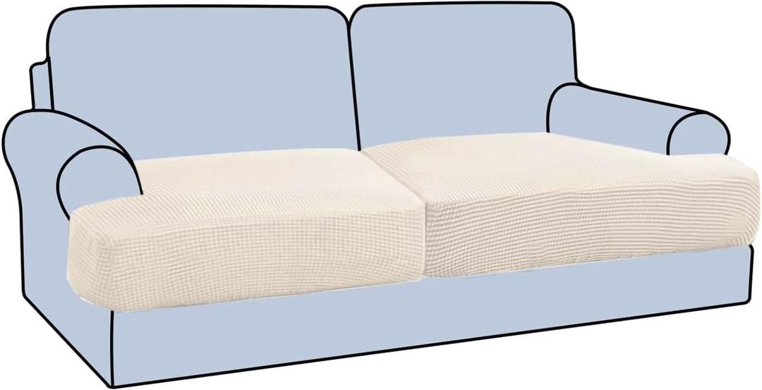 H.VERSAILTEX Stretch 2 Piece T Cushion Sofa Slipcovers Individually Sofa Cushion Covers for 2 Cushion Couch Sofa Seat Cushion Covers with Elastic Bands Featuring Thicker Jacquard Fabric, Cream