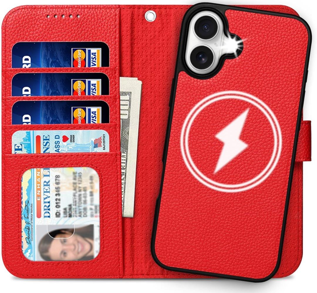 for iPhone 16 Wallet Case, Premium Detachable 2 in 1 Folio Flip Leather Wallet Case with 4 Card Holder, RFID Blocking, Microfiber Lining, Slim Lightweigh Durable, for Women/Girl (Ruby Red)