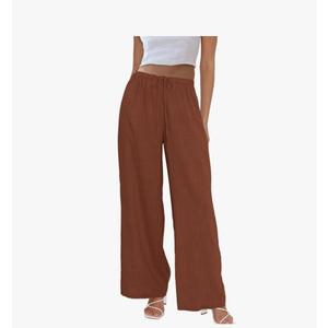 Womens Cotton Linen Palazzo Pants Drawstring Elastic Waist Casual Wide Leg Trousers with Pockets, Size: Large