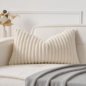 UGASA Lumbar Throw Pillow Cover 12x20 Inch Set of 1 Super Soft Faux Fur Decorative Pillow Case Plush Flannel Texture Accent Rectangle Pillowcase for Sofa Couch Living Room Chair, Cream White