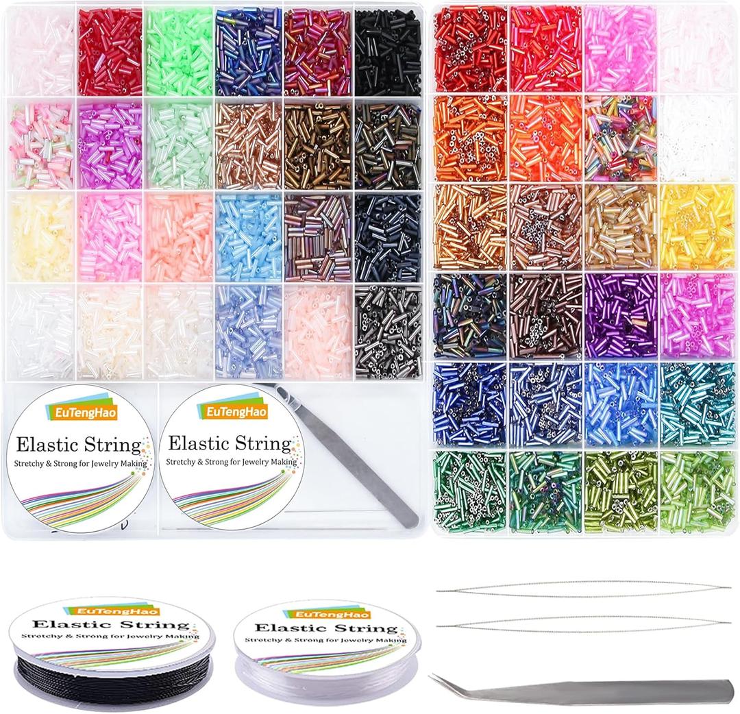 EuTengHao 14400pcs Tube Beads Kit, Glass Bugle Seed Beads Small Craft Beads for DIY Crafting Jewelry Making Supplies (7mm, 300 Per Color, 48 Colors)