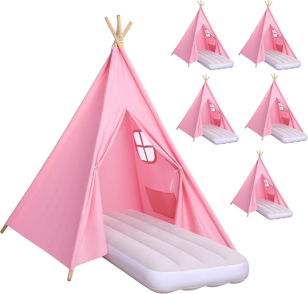 Wilwolfer Sleepover Tents for Kids Party-6 Pack Tipi Playhouse for Kids with Lights& Flag& Inflatable Airbed -Indoor/Outdoor Foldable -Slumber Party Tent-Sleepover Party Supplies, Pink