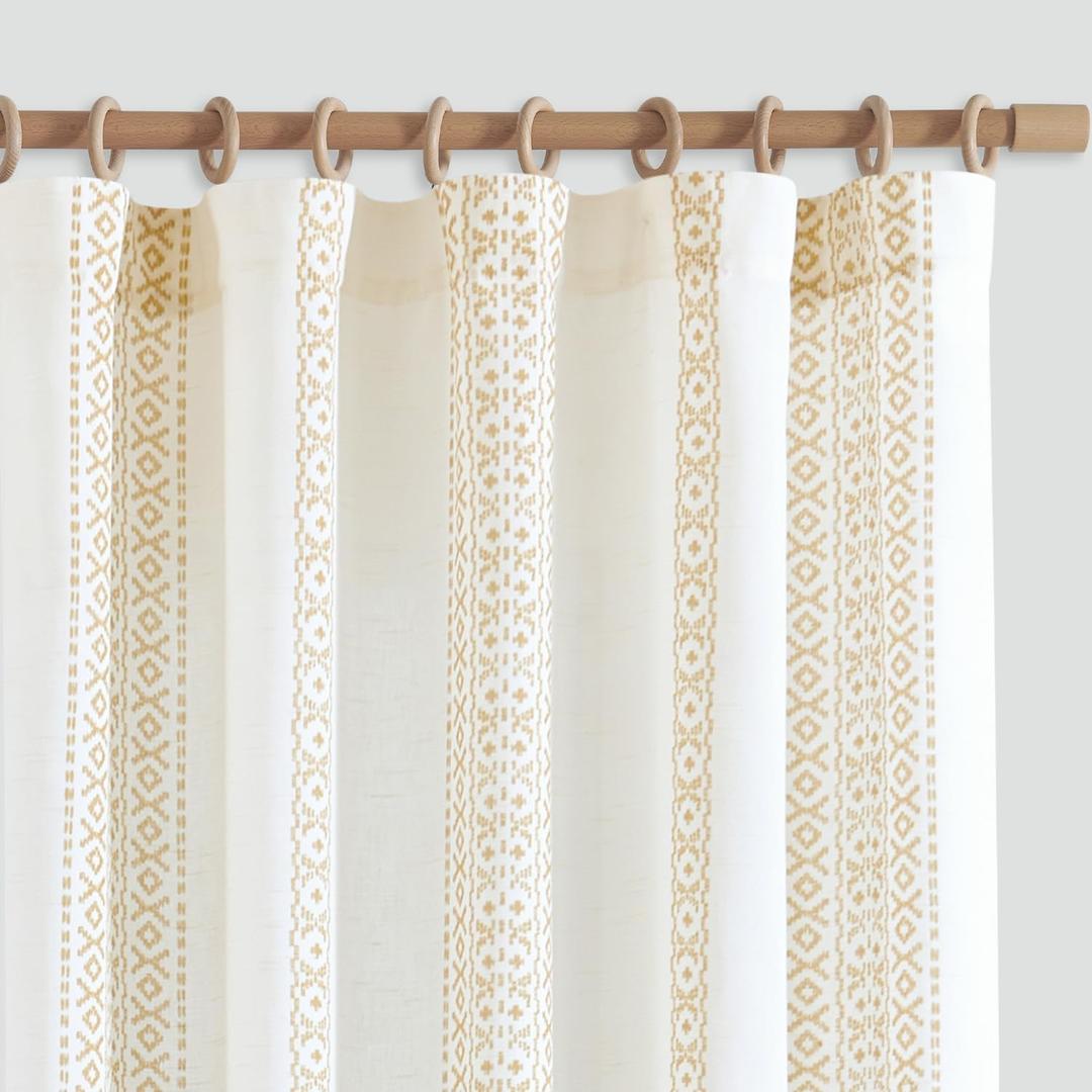 jinchan Boho Linen Curtains 63 Inch Length Country Farmhouse Printed Curtains for Living Room or Bedroom Yellow on White Rod Pocket Back Tab Geometric Light Filtering Drapes Set 2 Panels