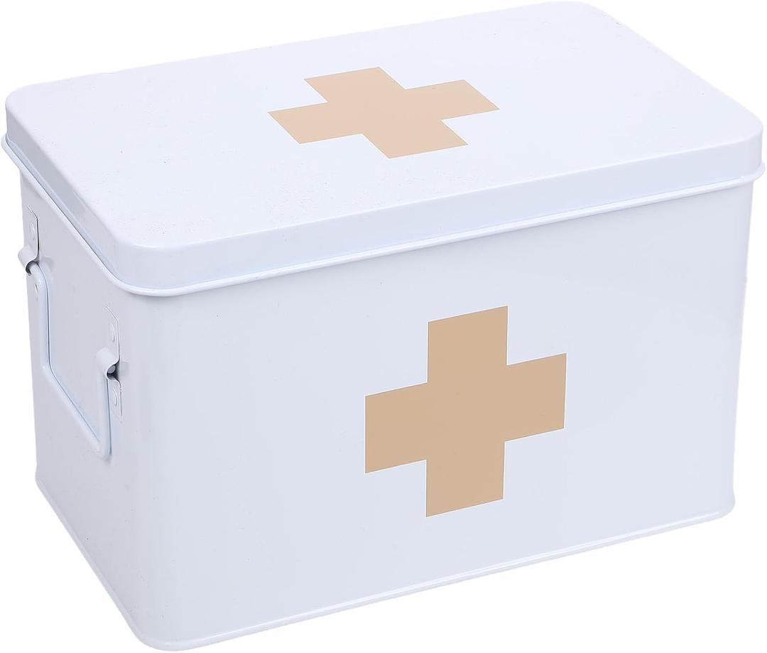Lassos Boutique 13" Retro Enameled First Aid Box, Medicine Storage with Lid, Tray, Dividers, White/Tan