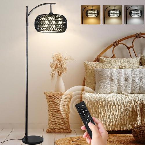 ZECOXOL Arc Floor Lamp with 3 Color Temperatures,Black Floor Lamp with Remote Control, Boho Standing Lamp with Rattan Wicker Shades, Farmhouse Tall Pole Lamp for Living Room Bedroom