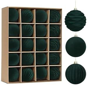 Waipfaru 20Pcs Velvet Ornaments for Christmas Tree, 2.36 Inch Dark Green Velvet Christmas Ornaments Balls Set, Large Shatterproof Flocked Hanging Ornaments for Xmas Tree Wreath Garland Home Decor