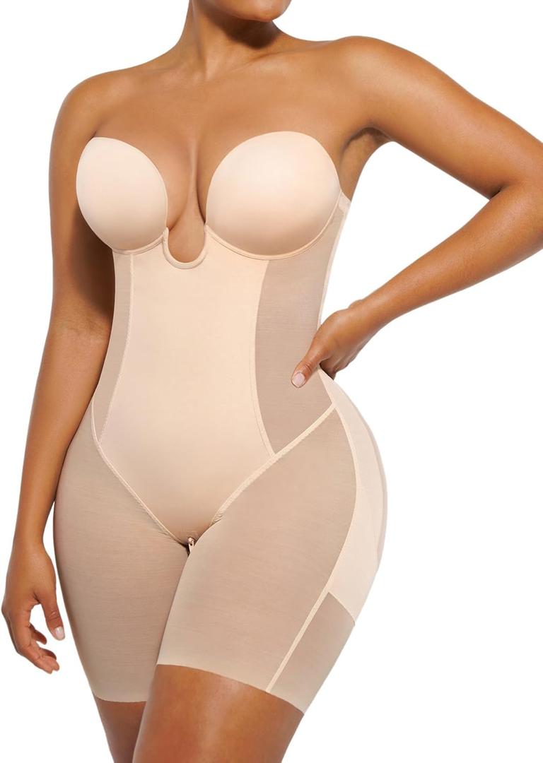 SHAPELLX Strapless Shapewear for Women Deep Plunge Corset Tummy Control Backless Bodysuit Mid Thigh Full Body Shaper (Small)