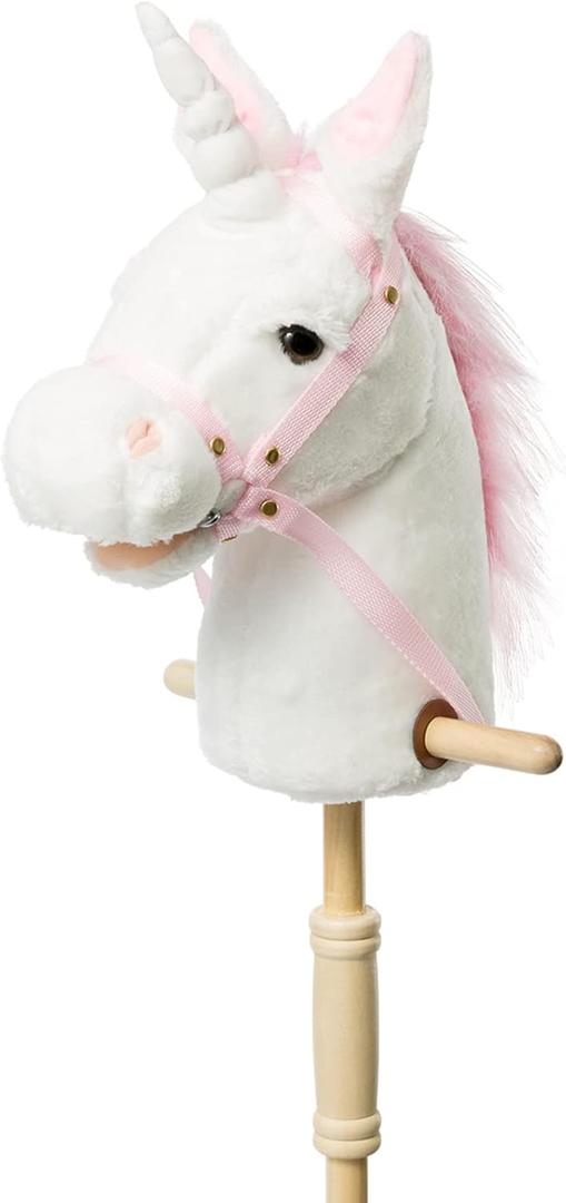HollyHOME Plush Unicorn Stick Horse with Wood Wheels Real Pony Neighing and Galloping Sounds Plush Toy White 37 Inches(AA Batteries Required)