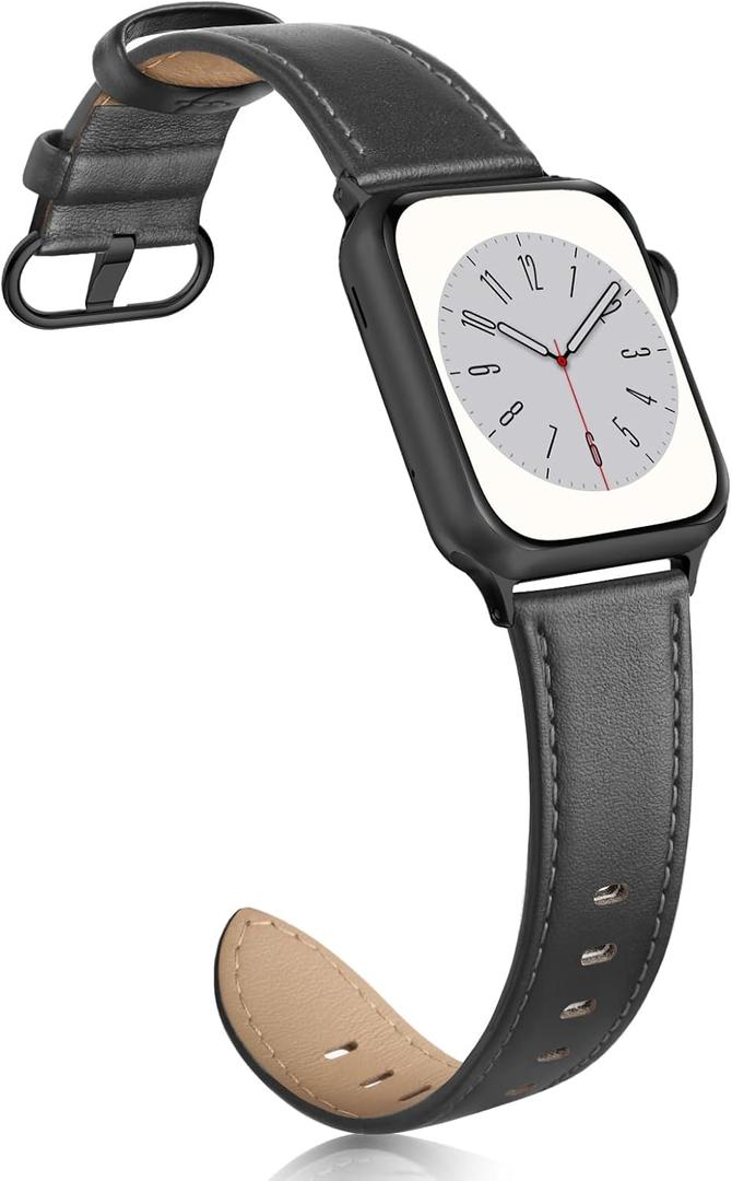 Leather Band Compatible with Apple Watch Bands 38mm 40mm 41mm 42mm Series 10, Elegant Top Grain Genuine Leather Bands Replacement Strap for Apple iWatch Series 10 9 8 7 6 5 4 3 2 1 SE2 SE Women (Graphite Black)