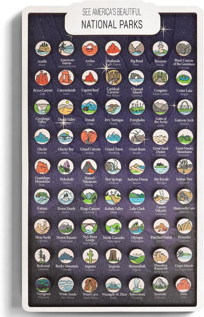 AnairsMo US National Parks Map Tracker, National Park Checklist with All 63 Illustrated Wooden Pins, Gifts for National Park Lovers, Couples, Families & RV Travelers