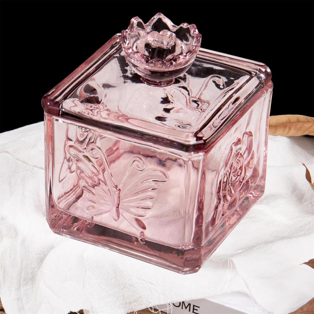 Pink Glass Candy Dish with Lid,Embossed Covered Glass Candy Jar Dishes with Lids,Decorative Candy Dish Jar for Office Desk(Pink)