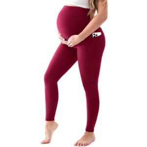 Walifrey Women's Maternity Leggings with Pockets Over The Belly,Pregnancy Yoga Pants Activewear Workout Leggings (Red, M)