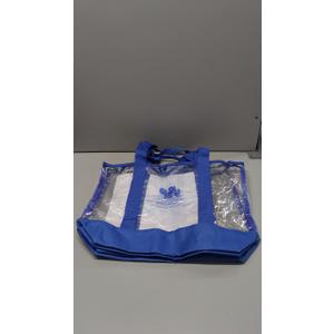 2 medium clear tote bag, blue strap, blue logo