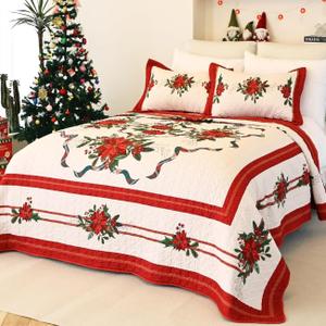 EVENHUG King Size Quilt Christmas Theme Bedding Set with Pillow Shams Reversible Red Floral Bedspread Coverlet Lightweight Christmas Holiday Bed Cover for Bedroom Home Decoration (106"x96") (White)