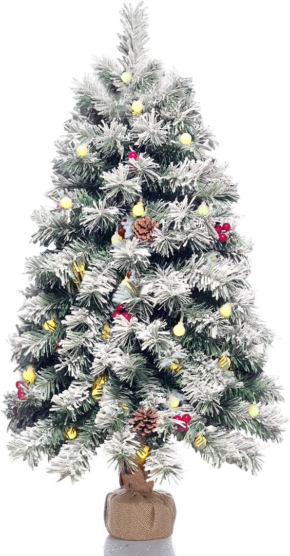 Pre-Lit Artificial Christmas Tree 3ft,Snow Flocked Xmas Pine Tree Decorated with 70 LED Lights,140 Branch Tips,7 Pine Cones,10 Red Berries Christmas Snow Tree for Desktop,Battery Powered (White+green)