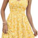 oten Women Summer Ruched Sleeveless Adjustable Spaghetti Strap Mini Dress | Backless, Floral Print, V Neck, Vacation, Party, Graduation, Cruise, Flowy Boho Floral Beach Dresses (Yellow, S)