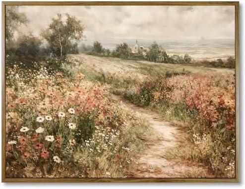 Framed Canvas Wall Art Vintage Decor, Vintage Painting Wall Art Prints, Landscape Wall Art for Living Room Decor Bedroom Home Bathroom Wall Decor (Wildflower Field)