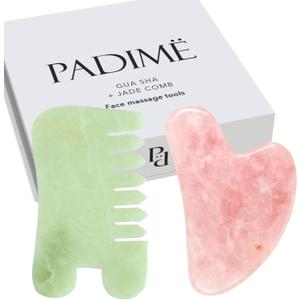 Padime 2 pcs | Premium Set Massage 2-in-1 | Rose Quartz Gua Sha Stone Facial Tools + Jade Comb Scalp Massager | Puffiness Reducing & Relieve Muscle Tension - Stimulates and Strengthens Hair Growth