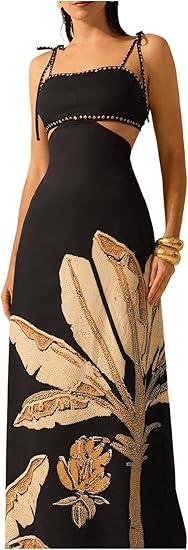 SOLY HUX Women's Summer Maxi Dress Boho Print Tie Shoulder Spaghetti Strap Cut Out Tie Back Cami Dresses Sundress, XS, Multicoloured Printed