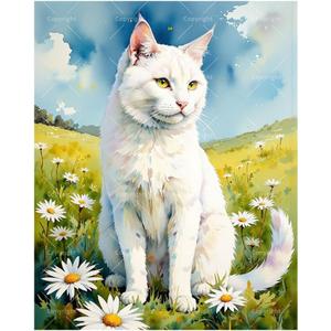 Animal Paint by Numbers Kit for Adults - DIY White Cat in Daisy Meadow Painting on Canvas 16x20 Inches, Acrylic Paint Set, Suitable for Beginners, Art for Home Decoration or Gifts