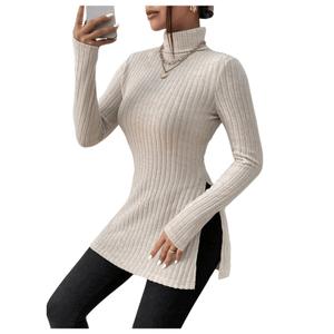 SOLY HUX Women's Long Sleeve Tops Casual Basic Turtle Neck Split Hem T-Shirts Fitted Tees White L (Beige, L)