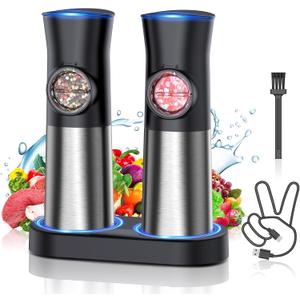 Gravity Electric Salt and Pepper Grinder Set - USB Rechargeable Automatic Grinder - Generous Capacity - Adjustable Fineness - One Handed Operation, Stainless Steel Construction, LED Light