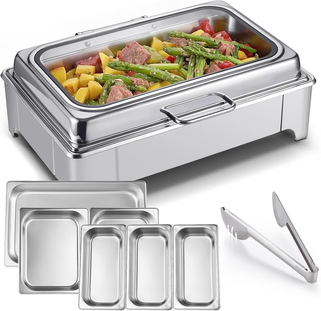 Electric Chafing Dish Buffet Server Set, Stainless Steel Full Size & Half-Size &Three-Section Food Pan with Temp Control, Roll Top Stainless Steel Food Warmers for Catering Buffet (A-01)