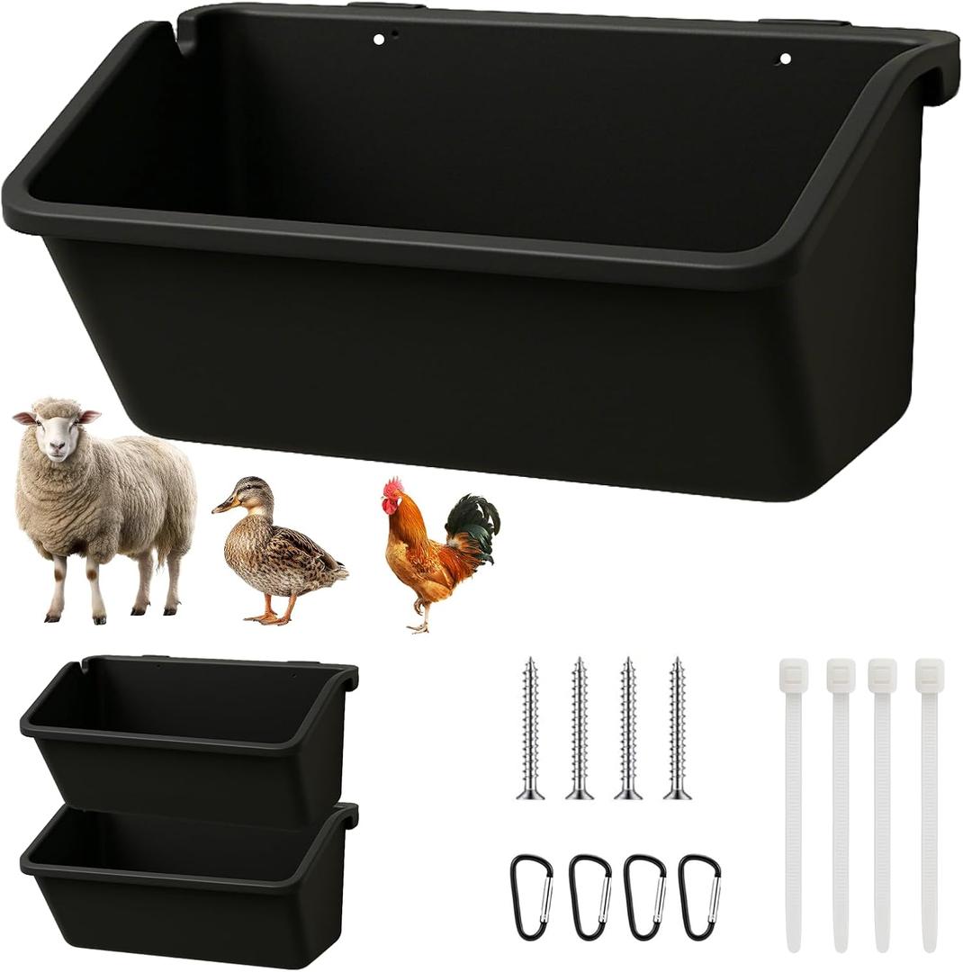 2 Pack Hanging Goat Feeder & Duck Feed Trough, 5 Qt Fence Mounted Livestock Manger  Heavy Duty Plastic Mineral Bucket & Waterer for Sheep, Piglets, Deer & Poultry