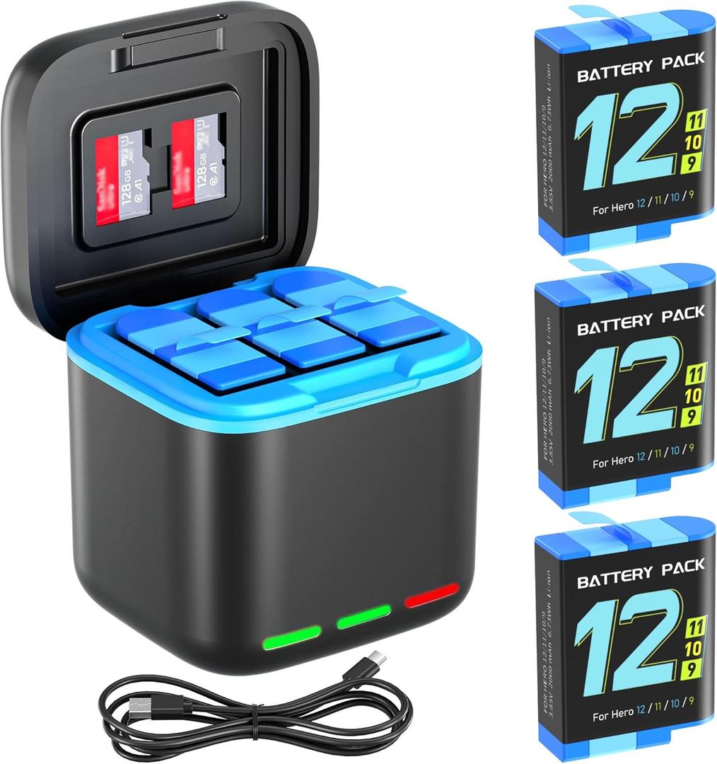 HONGDAK Battery Charger Kit for GoPro Hero 12 11 10 9 Black, 3-Pack Battery 2000mAh and 3-Channel Fast Charger with Micro SD Storage Slots Fully Compatible with Hero 9 10 11 12 Official Accessories