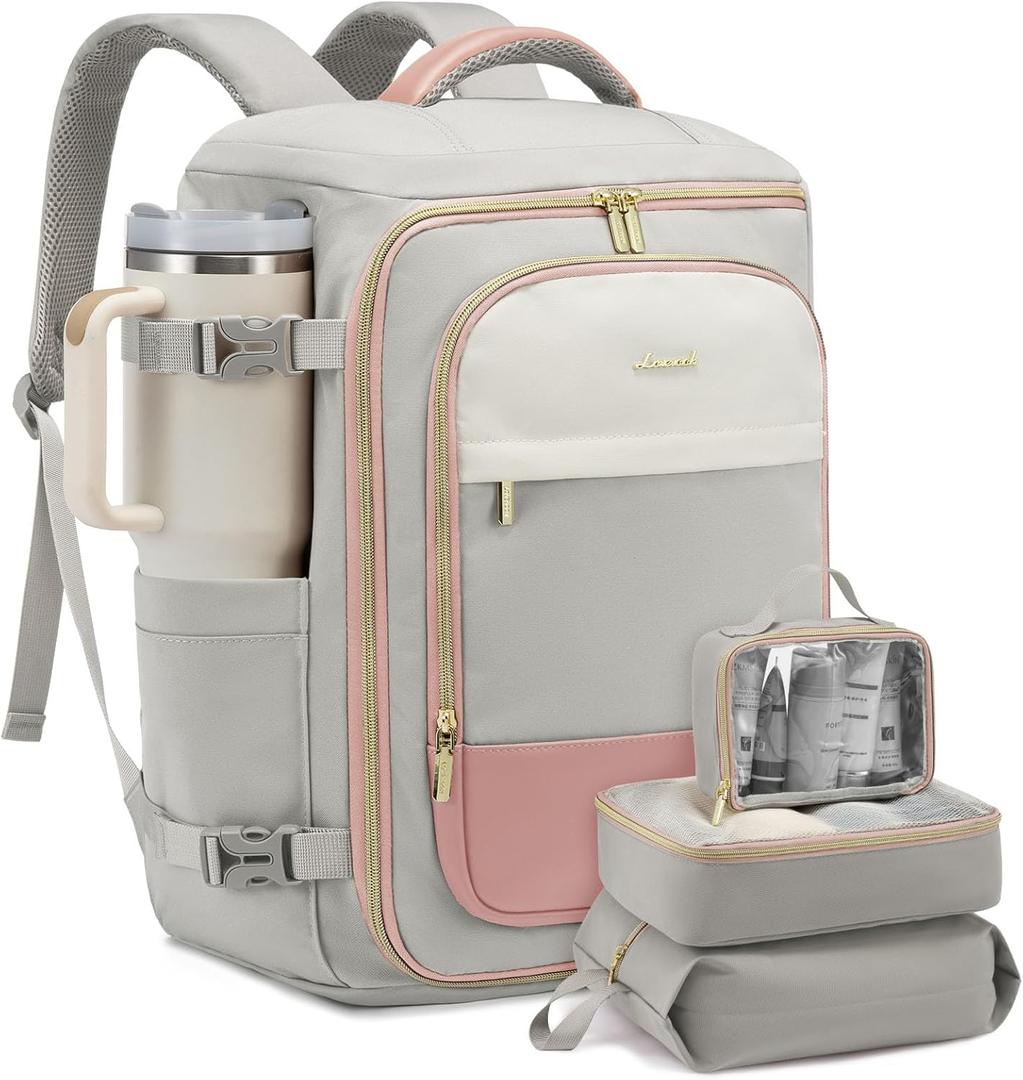 LOVEVOOK Travel Backpack for Women/Men, Personal Item Bag with 3 Packing Cubes Fits 17" Laptop, 50L Travel Backpack Carry on Flight Approved, Water-resistant Carry On Bag for Airplanes (Gray & Pink)