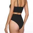 Pink Queen Women's Ribbed High Waisted Bikini Set Removable Strap Bandeau Swimsuit (Black, M)