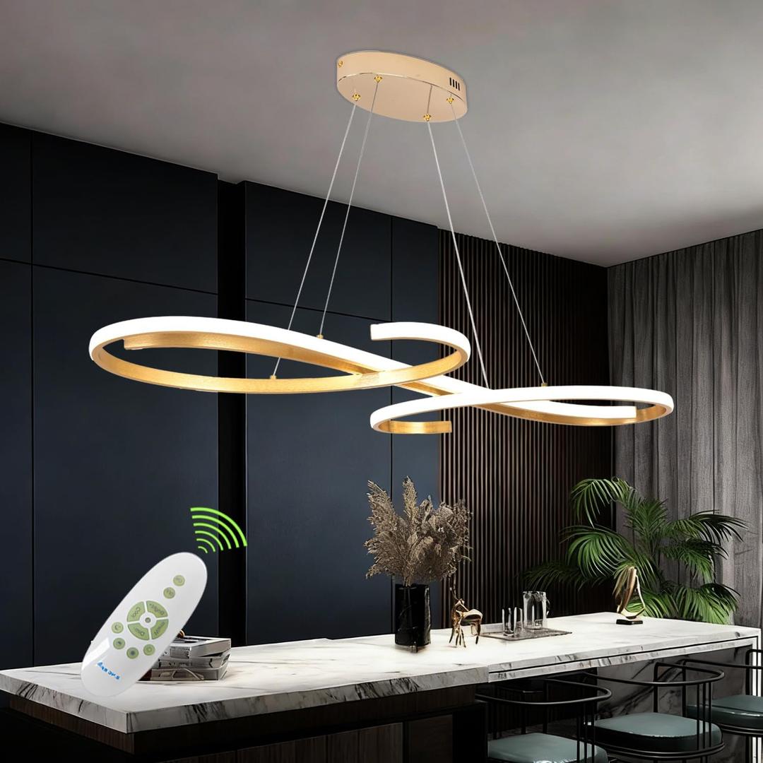 Gold LED Chandelier, Dimmable Modern Pendant Light with Remote - Contemporary Ceiling Light Fixture for Dining Room, Kitchen Island & Living Room, 47.24in