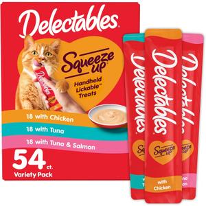 Delectables Squeeze Up Variety Pack, Creamy Squeezable Puree, Lickable Wet Cat Treats, Grain Free, No Fillers, by-Products, Preservatives, 0.5 Ounces Tube, 54 Tubes Total (EXP 01/15/28)
