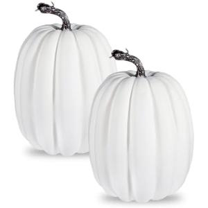 vensovo 2PCS 8 Inch White Plastic Pumpkins for Decorating – Large Artificial Foam Pumpkins for Fall Decor, Halloween, Thanksgiving, Paintable for DIY Crafts & Centerpieces