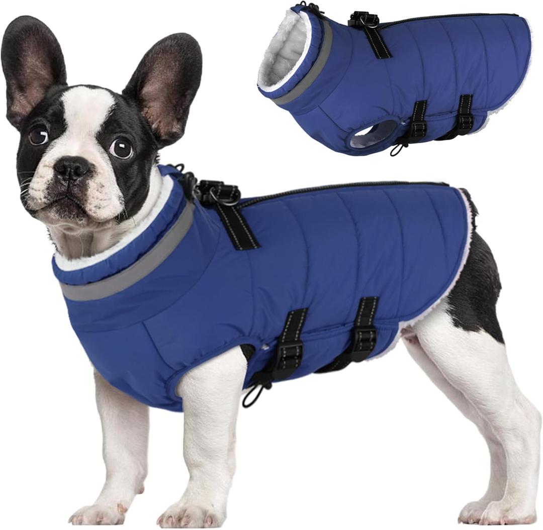 Mklhgty Small Dog Coat with Harness Built-in, Waterproof Reflective Fleece Lined - Warm Windproof Winter Jacket with Back Zipper, Cold Weather Snow Dog Coats - Blue - XS