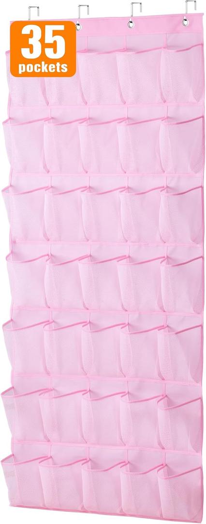 MISSLO 35 Large Pockets Over The Door Shoe Organizer Sturdy Oxford Fabric Hanging Shoe Rack for Door Mesh Closet Shoe Holder Hanger, Pink (24.5x68.5)