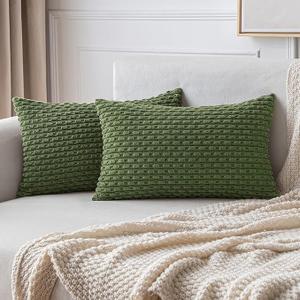 MIULEE Throw Pillow Covers Soft Corduroy Decorative Set of 2 Boho Striped Pillow Covers Pillowcases Farmhouse Home Decor for Couch Bed Sofa Living Room 12x20 Inch Moss Gree