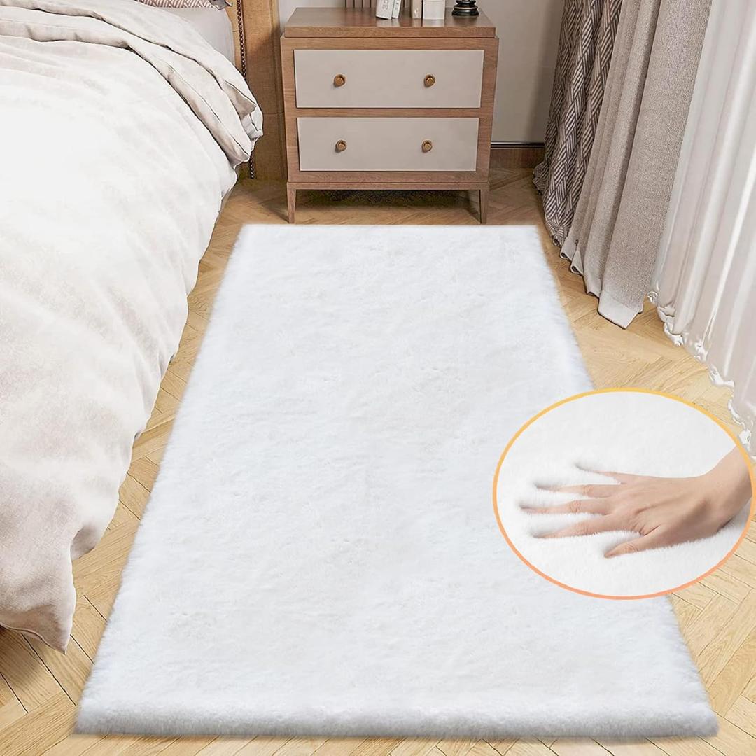 White Washable Furry Area Rug Runner Faux Bunny Fuzzy Fur Rugs for Bedroom Living Room 2x6 Rug Runners for Hallways Room Dcor