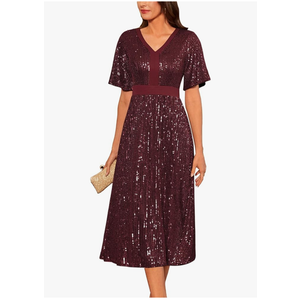 GRACE KARIN Women's Sequin V Neck Ruffle Sleeve Empire Waist Sparkly Glitter A Line Cocktail Formal Dresses, Wine Red Medium