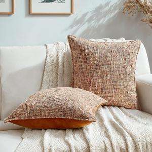 HAUSSY Pack of 2 Chenille Tweed Throw Pillow Covers 20x20 Inch, Rust | Textured Decorative Pillowcases, Velvet Back, Machine Washable, Couch Bed Sofa Living Room Home Decor, No Insert